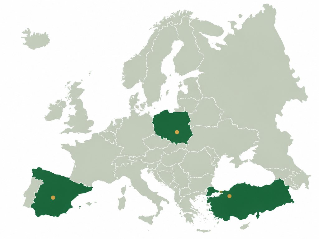 Map of Europe with Spain, Poland and Türkiye highlighted, marking Oiartzun, Kraków and Biga.